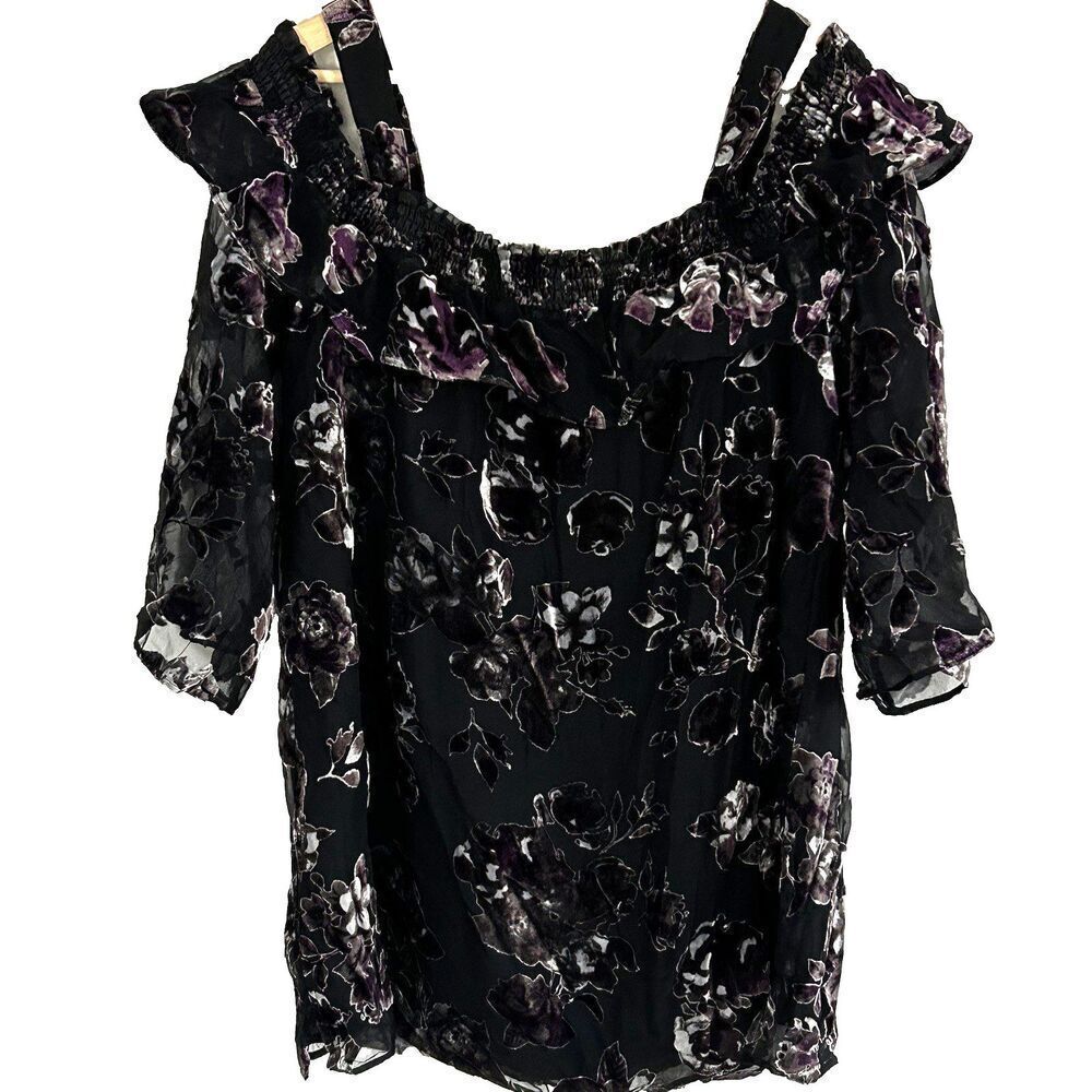 Velvet Burnout Top Size XL DR2 Cold Shoulder Black Purple Whimsigoth Fairy